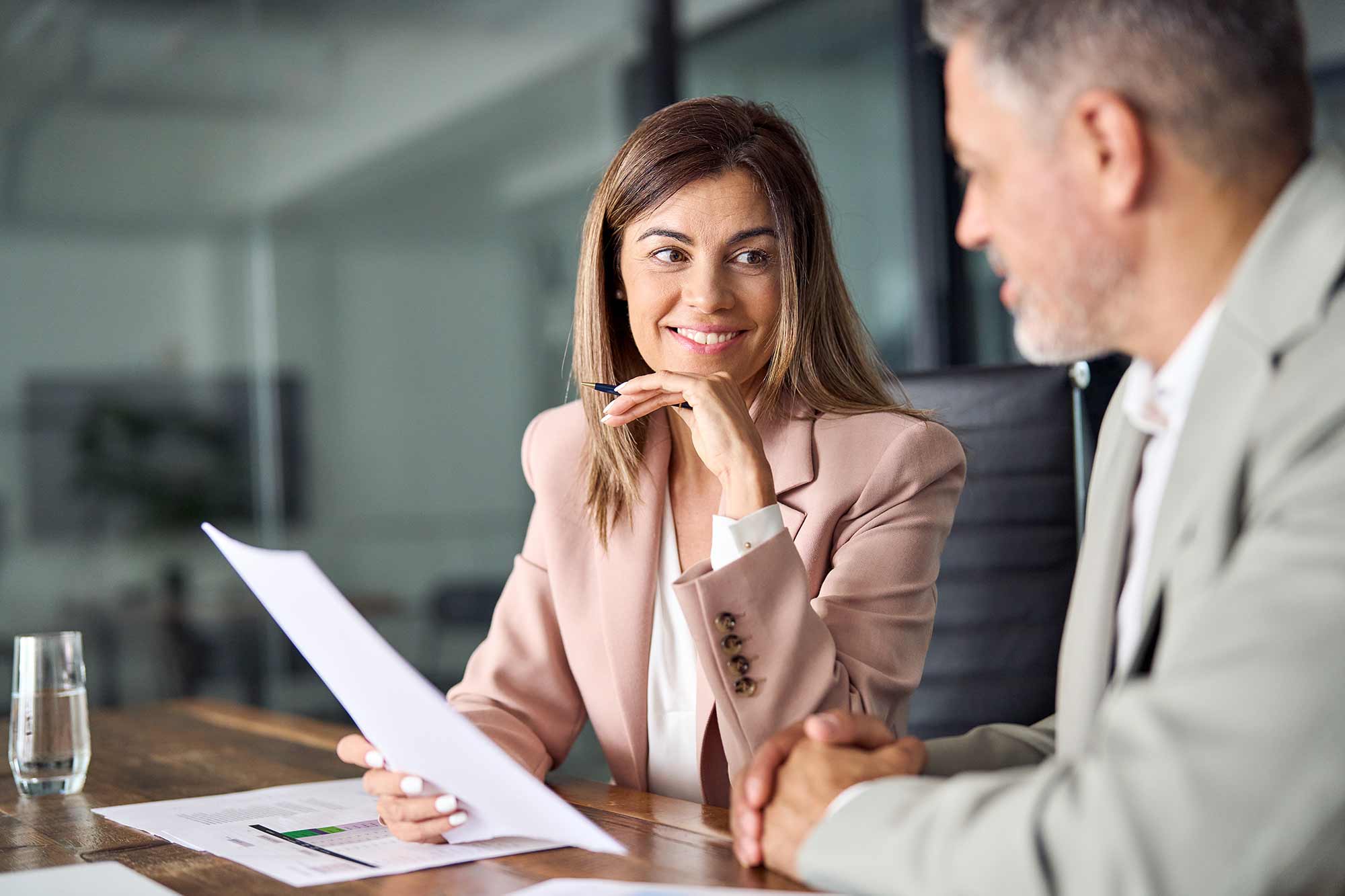 woman and man discussing business